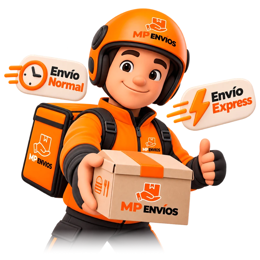 Repartidor de MP Envíos con las etiquetas Envío Normal y Envío Express